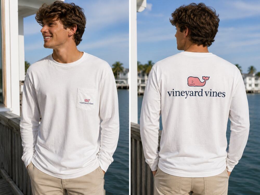 Vineyard Vines White Long Sleeve Pocket Tee Pink Whale Logo Men's Medium